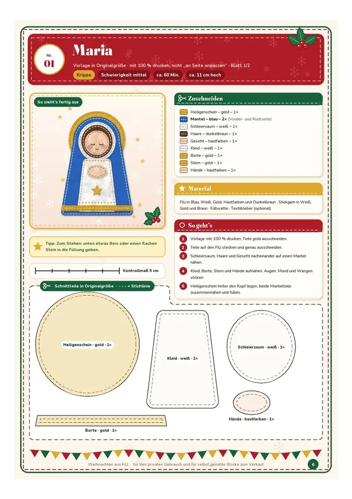 Vorlage Maria – Blatt 1: Foto des fertigen Stücks, Zuschnitt, Material und Anleitung